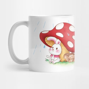 Cute Rabbit and Squirrels on a Rainy day Mug